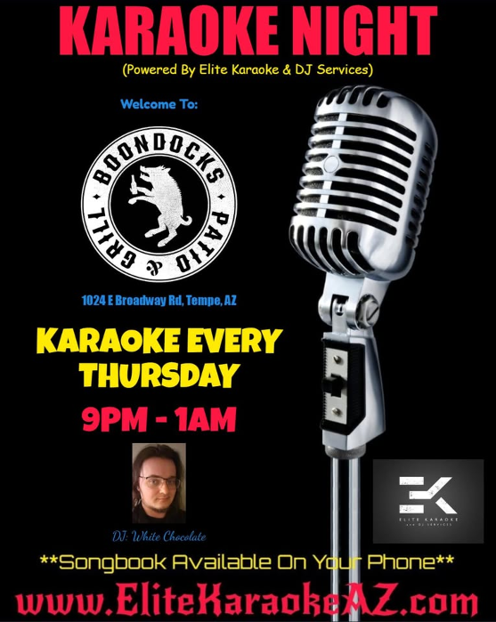 Thursday Night KARAOKE at Boondocks Patio & Grill in Tempe with DJ White Chocolate 8pm-midnight