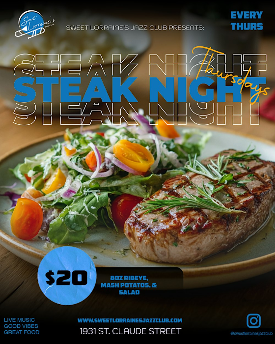 $20.00 STEAK NIGHT THURSDAY'S at SWEET LORRAINE'S JAZZ CLUB!