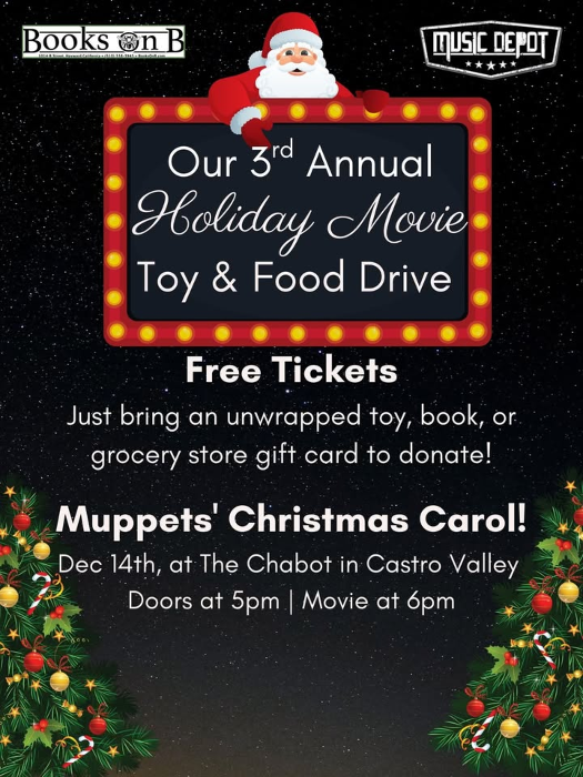 3rd Annual Holiday Movie and Toy Drive, brought to you by Books on B and Music Depot!