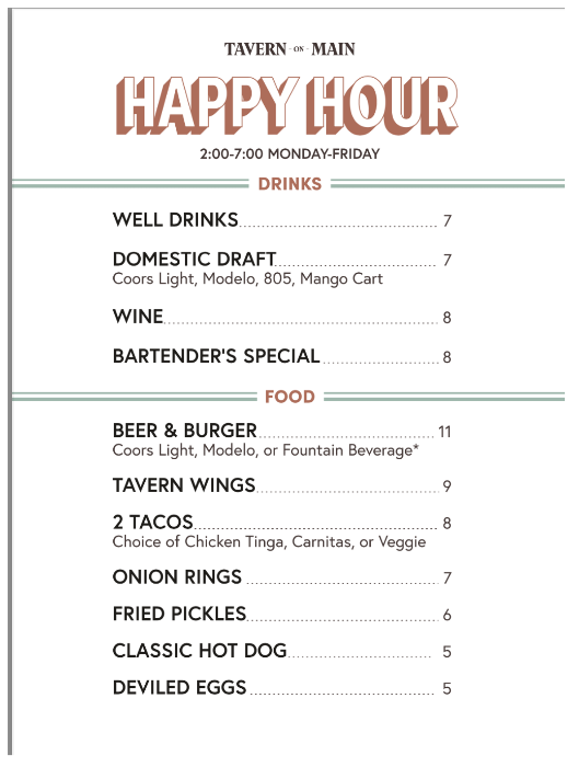 Tavern on Main - Happy Hour