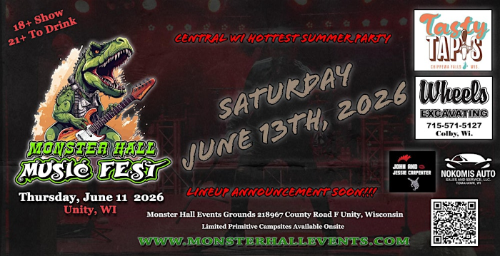 Monster Hall Music Fest Saturday, June 13th!  Live Bands on 2 Stages!