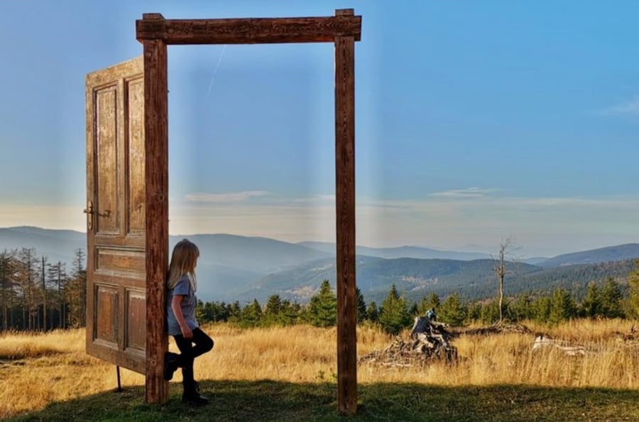 An open door at the top of Pancíř in Šumava