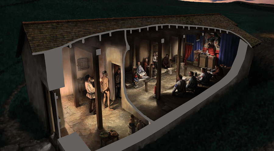 A cutaway reconstruction drawing of the temple of Mithras at Carrawburgh, imagining its appearance during a ceremony in the 3rd century AD